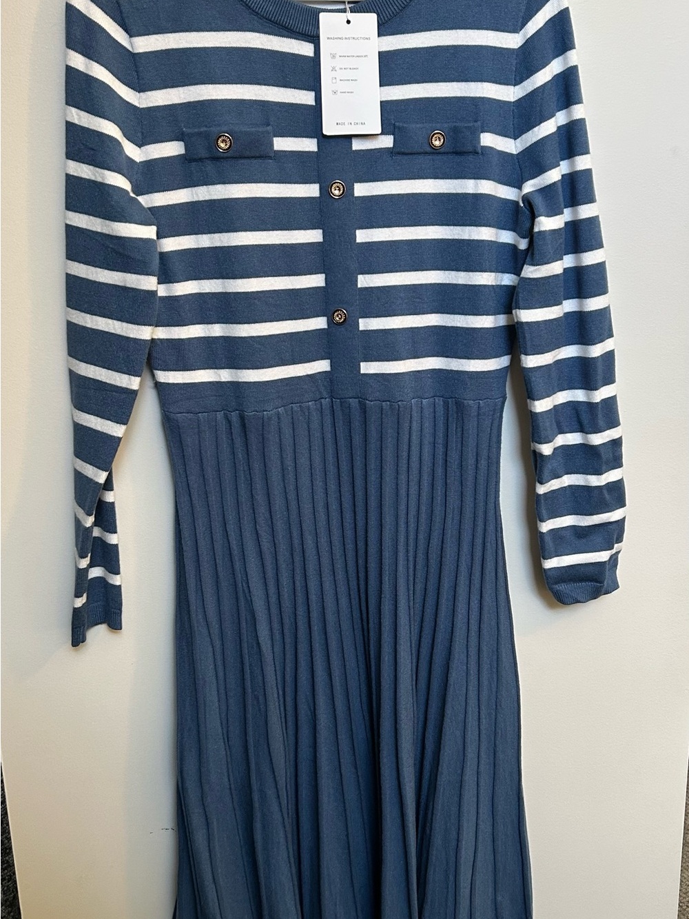 Striped Navy and White Midi Knit Dress with Pleated Skirt